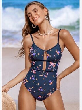 NWT Cupshe Navy Floral One-Piece Swimsuit, Size S